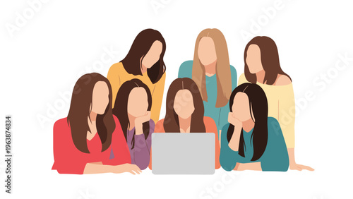 Group of young women gathered around a laptop computer looking at the screen with interest and curiosity.
