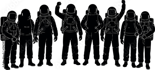 Group of astronauts in space suits waving cheerfully together