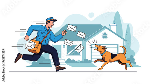 Mail carrier in blue uniform running away from a barking dog while dropping letters in front of a suburban house.