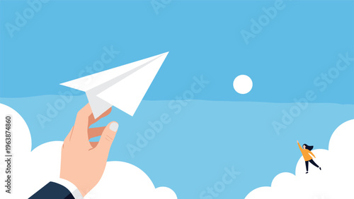 Hand holding a white paper plane in a bright blue sky with clouds and a small person reaching for it from below.