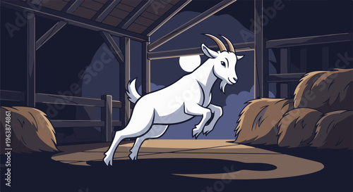 A white goat leaps through a dimly lit barn with hay bales