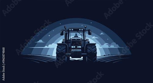A lone tractor sits in a field under a pixelated twilight sky