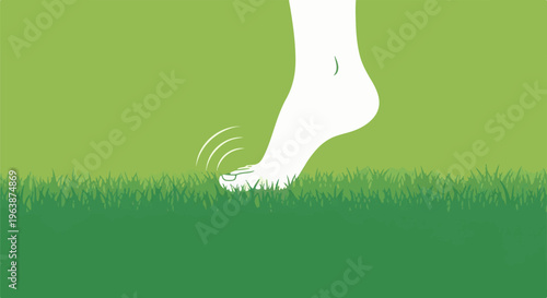 A white foot steps on lush green grass
