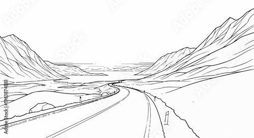 A winding asphalt road leads through a valley toward distant mountains and a body of water