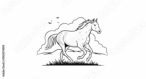 A white horse gallops across a grassy field with clouds and birds
