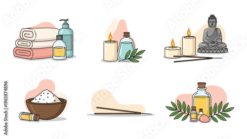 Wellness and spa set featuring scented candles, aromatic oils, towels, and a Buddha statue for relaxation.