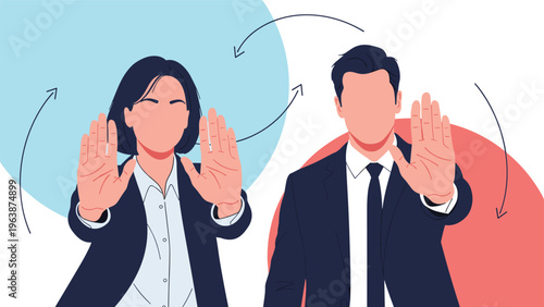 Two business professionals in suits holding up their hands in a stop gesture against a colorful background.