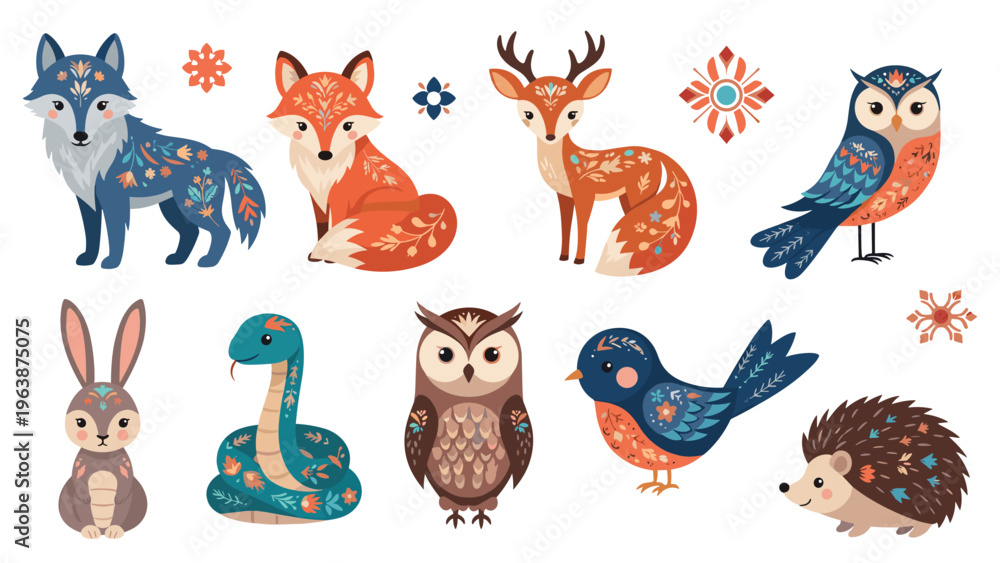 Obraz premium Collection of forest animals like fox, wolf, and deer decorated with traditional folk art floral patterns.