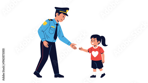 Friendly policeman in blue uniform bending down to shake hands with a little girl in a red heart shirt.
