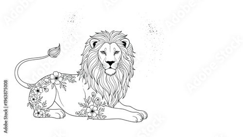 Intricate line art illustration of a lion lying down with decorative floral patterns on its body and tail.