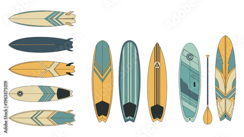 Collection of colorful surfboards and a wooden paddle arranged for beach and water sports enthusiasts.