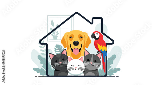 Adorable group of domestic pets including a dog, three cats, and a parrot inside a house outline symbol.
