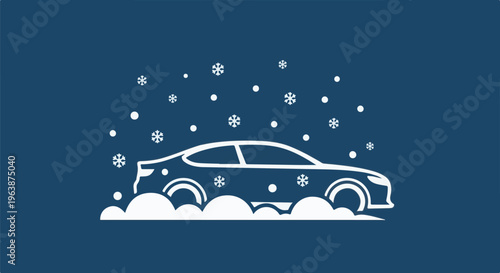 A white silhouette of a car drives through falling snowflakes