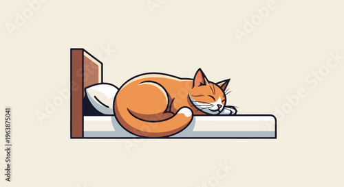 Adorable orange cat sleeps soundly on a bed with a white pillow