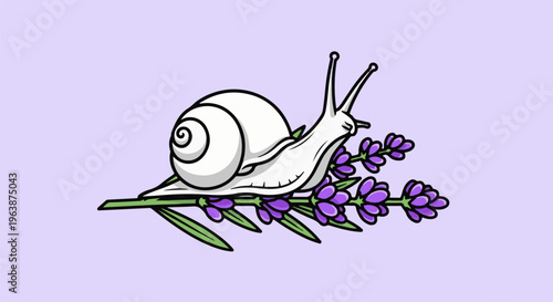A white snail is crawling on lavender branches against a light purple background