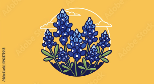 A cluster of bluebonnets under a stylized sun and clouds on a golden background