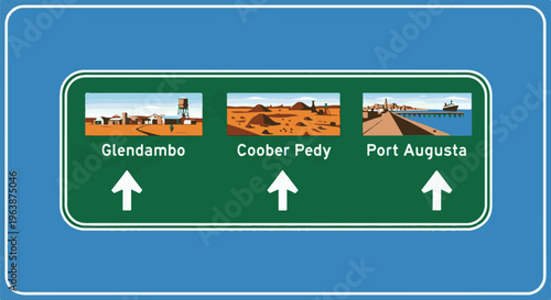 A stylized road sign points the way to three distinct locations with unique landscapes