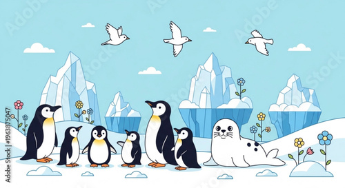 Penguins and seal in arctic landscape with icebergs flowers and birds flying overhead in sunny sky