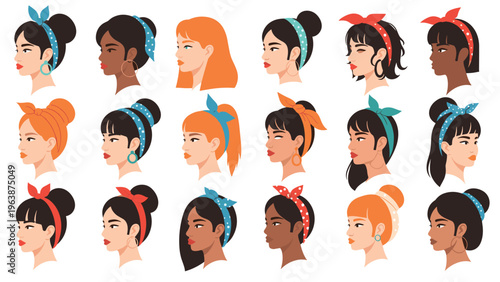 Diverse set of female character portraits with different hair colors, skin tones, and stylish headscarves.