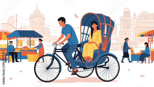 Traditional rickshaw puller carrying a female passenger in a saree through a busy and vibrant market street.