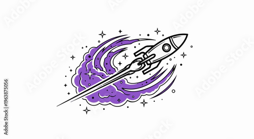 A stylized rocket ship blasts through purple space clouds with stars