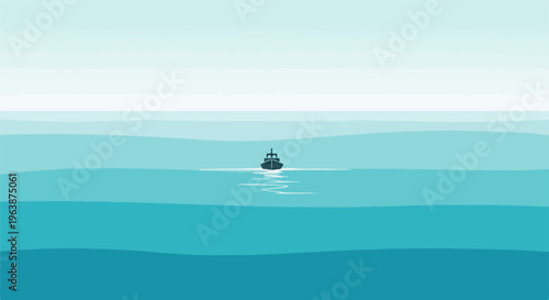 A lone vessel navigates calm, gradient blue waters under a pale sky