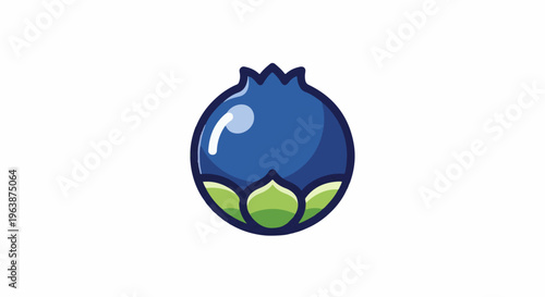 A stylized, round, dark blue blueberry with a shiny highlight, surrounded by green leaves