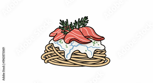 Artistic depiction of pasta with a creamy sauce, sliced red fish, and fresh herbs