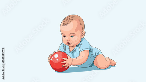 Adorable little baby in a blue bodysuit crawling on the floor and playing with a large bright red rubber ball.