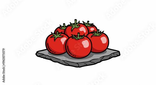 A pile of ripe, red tomatoes rests on a grey, irregular stone slab
