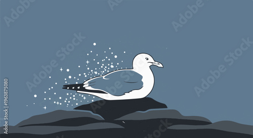 A stylized seagull rests on dark rocks with sparkling effects emanating from its tail