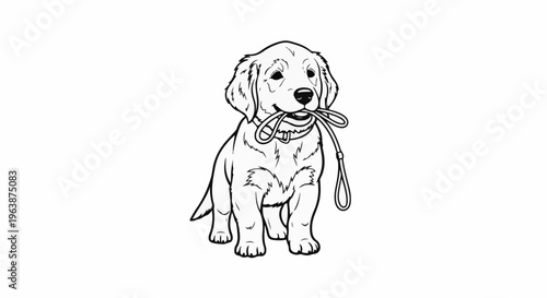 Adorable puppy holding a leash in its mouth, ready for a walk