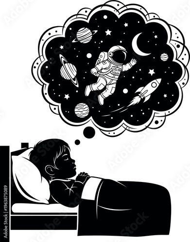 Child Daydreaming About Space Astronaut Adventure In Bed