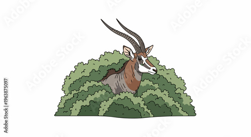 A stylized sable antelope emerges from dense green foliage