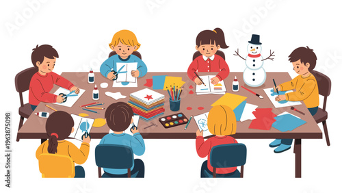 Group of young children sitting around a table and happily doing arts and crafts projects with paper and glue.