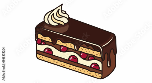 A decadent slice of chocolate cake layered with cream and cherries