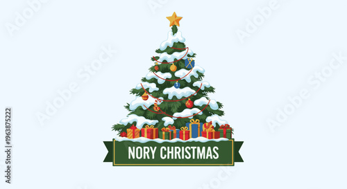 A decorated Christmas tree covered in snow, with gifts piled at its base