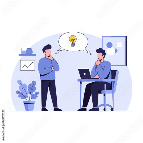Two businessmen discussing ideas with a lightbulb thought bubble on white background