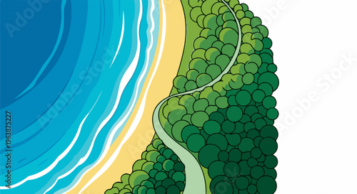 Aerial view of a coastal path winding through lush green trees beside a sandy beach and blue ocean waves