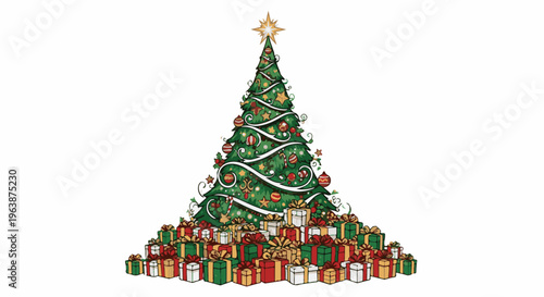 A decorated Christmas tree sits atop a large pile of festive gift boxes