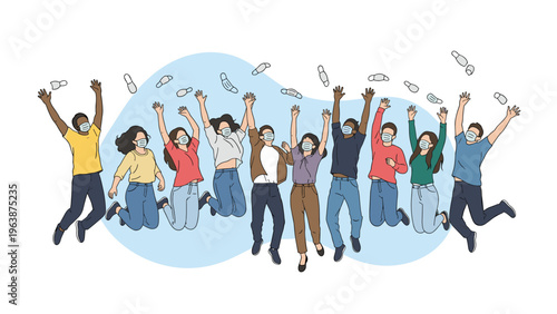 Group of diverse happy people jumping in the air and throwing their medical face masks away to celebrate the end of a pandemic.