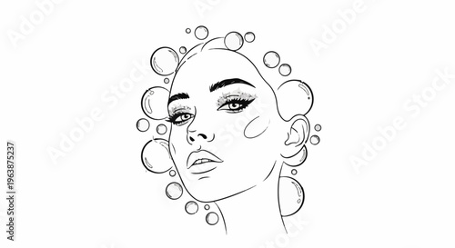 Artistic sketch of a woman's face with dramatic eye makeup and bubbles