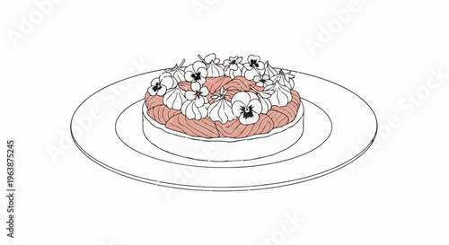A decorative tart with piped meringue and edible flowers on a plate