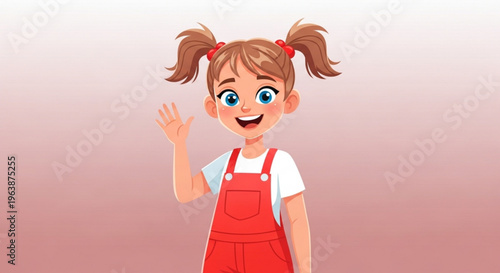 Cute cartoon girl with pigtails waving hello friendly child illustration for kids content isolated on soft pink background