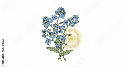 A delicate bouquet of blue forget-me-nots and a soft yellow dandelion clock
