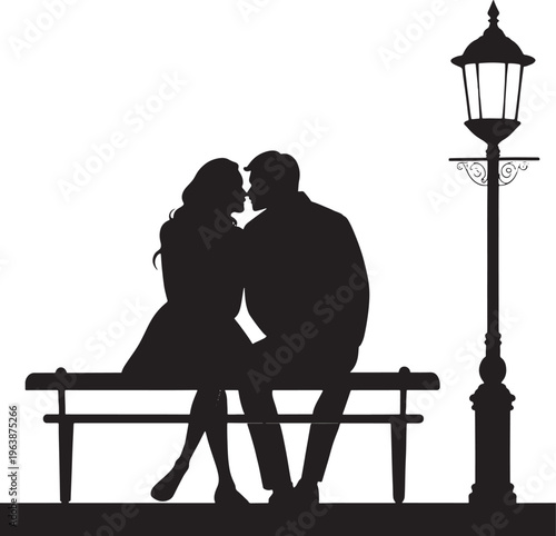 Couple silhouette kissing on bench near vintage street lamp, romantic evening romance, couple goals, couple outdoor
