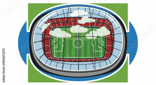 Aerial view of a football stadium with red seating, green field, and clouds