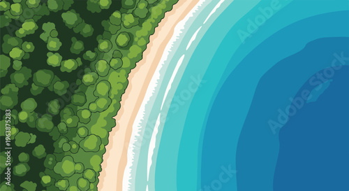 Aerial view of a lush green coastline with sandy beach and turquoise ocean waves