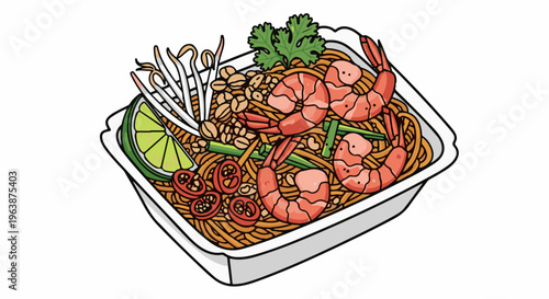 A delicious noodle dish with shrimp, lime, peanuts, and tomatoes