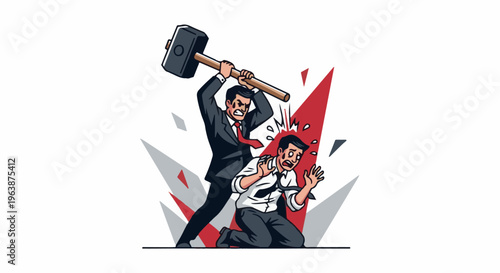 Aggressive businessman with hammer attacks kneeling man